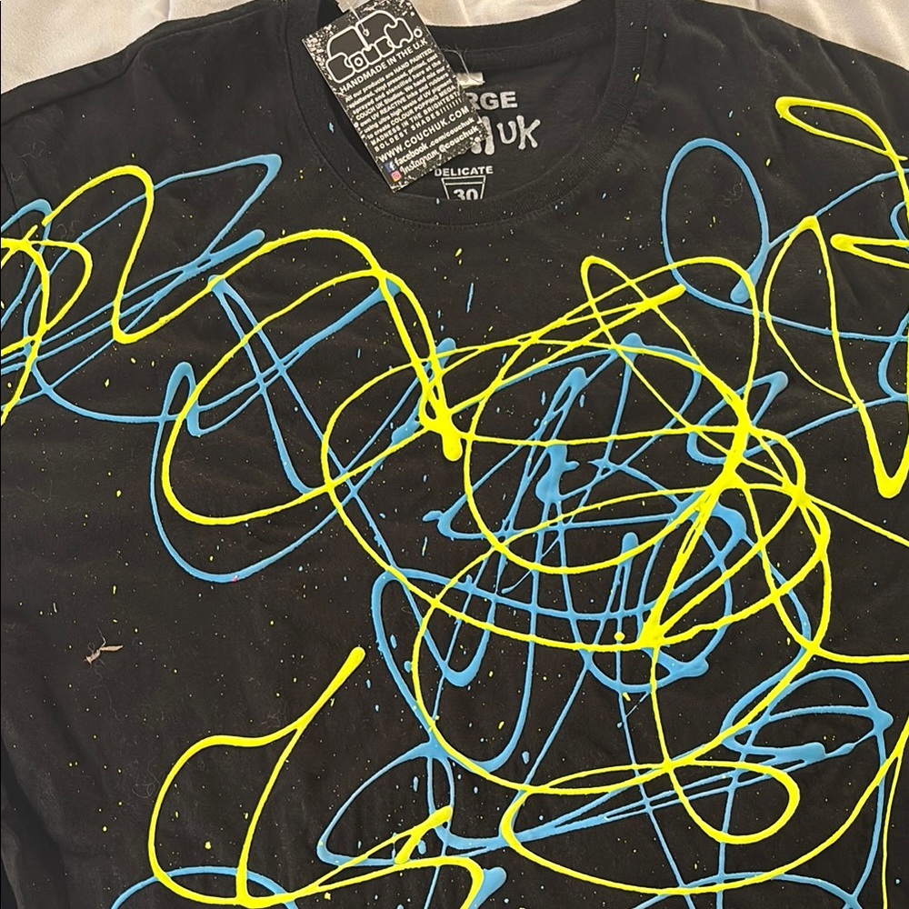 Couch UK Hand Painted Rave T-Shirt with Blue and Yellow Abstract Design